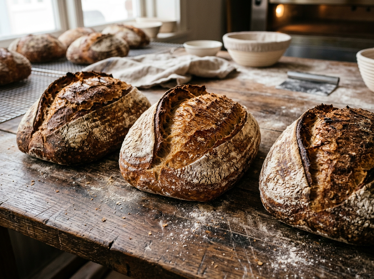 Rustic sourdough loaves with golden crusts