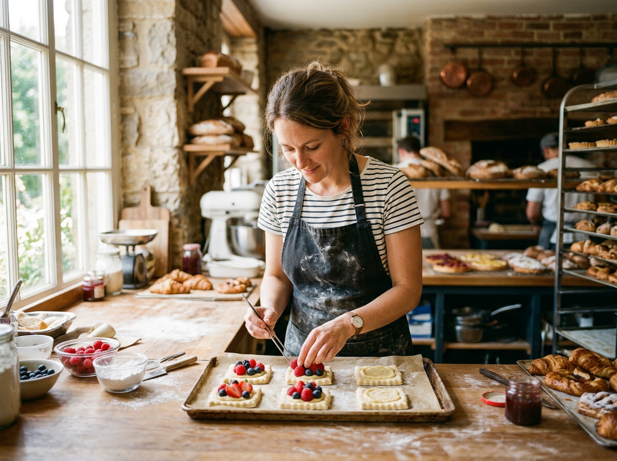 Artisan baker shaping fresh pastry dough