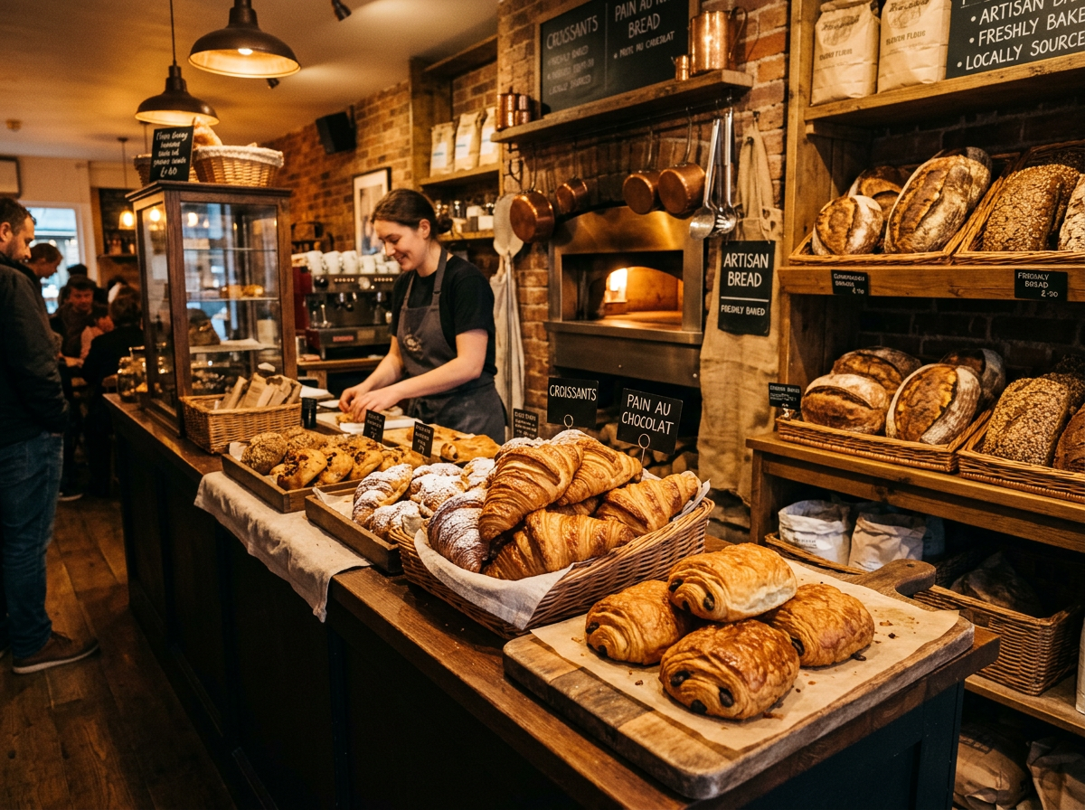 Bakery case with fresh croissants and rustic breads
