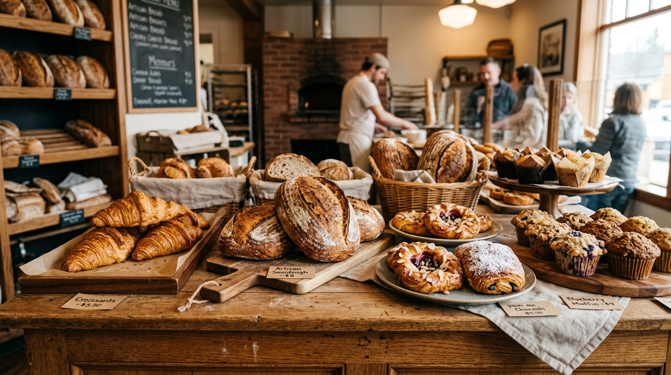 A warm spread of freshly baked artisan bread, croissants, and pastries
