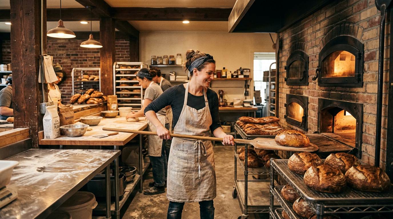 Warm bakery kitchen with deck ovens