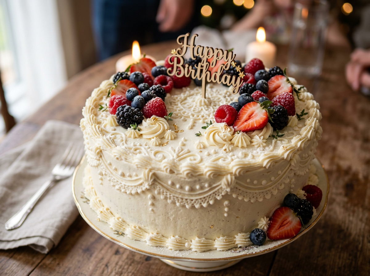 Detailed close up of birthday cake frosting and fresh berries
