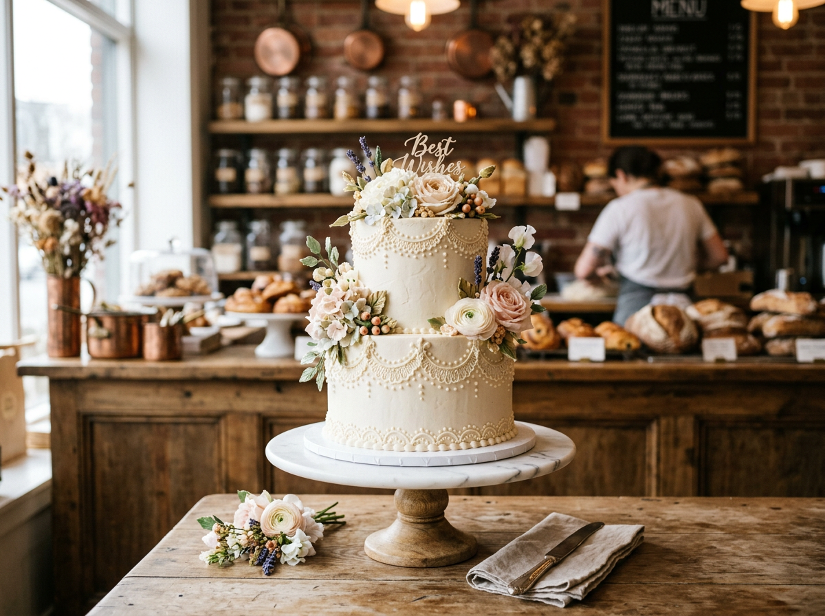 Handcrafted two-tier celebration cake with floral frosting