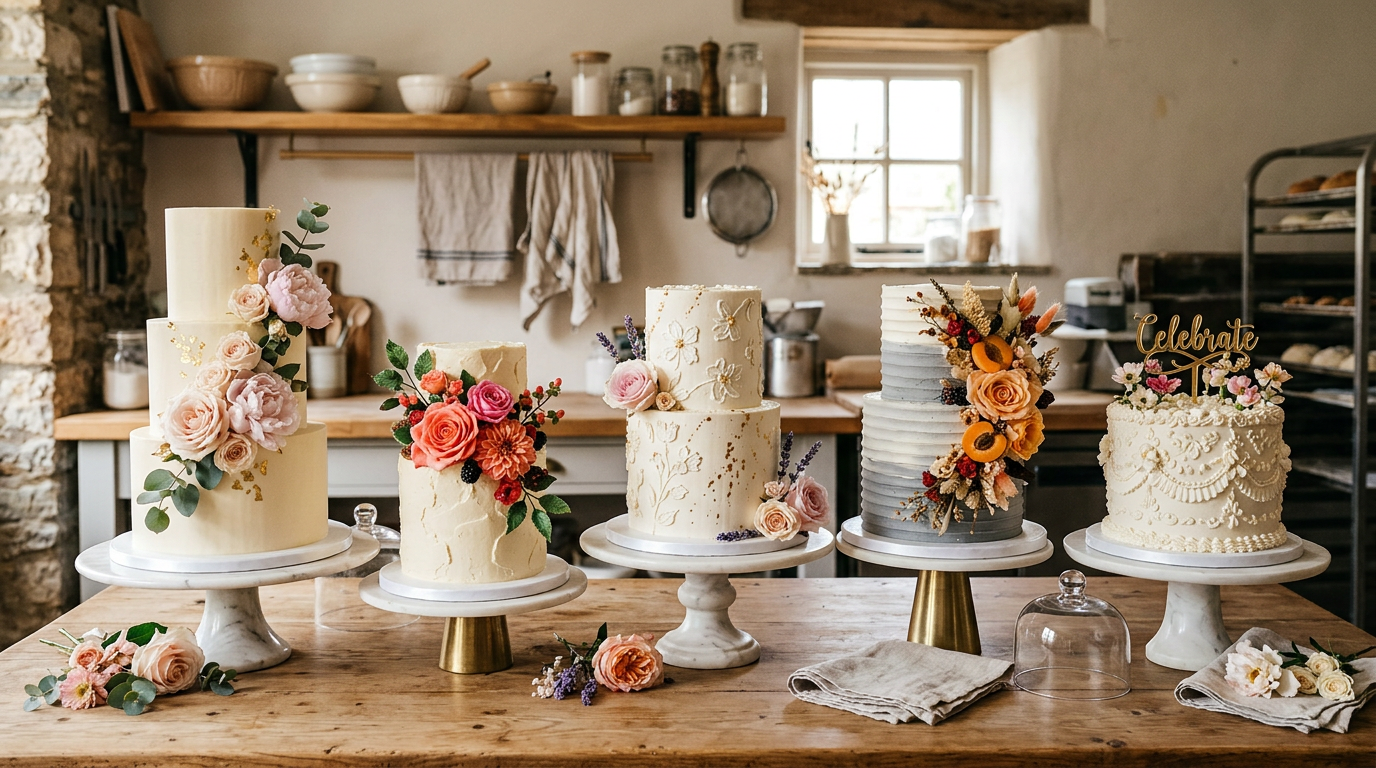 Array of custom handcrafted celebration cakes on marble pedestals
