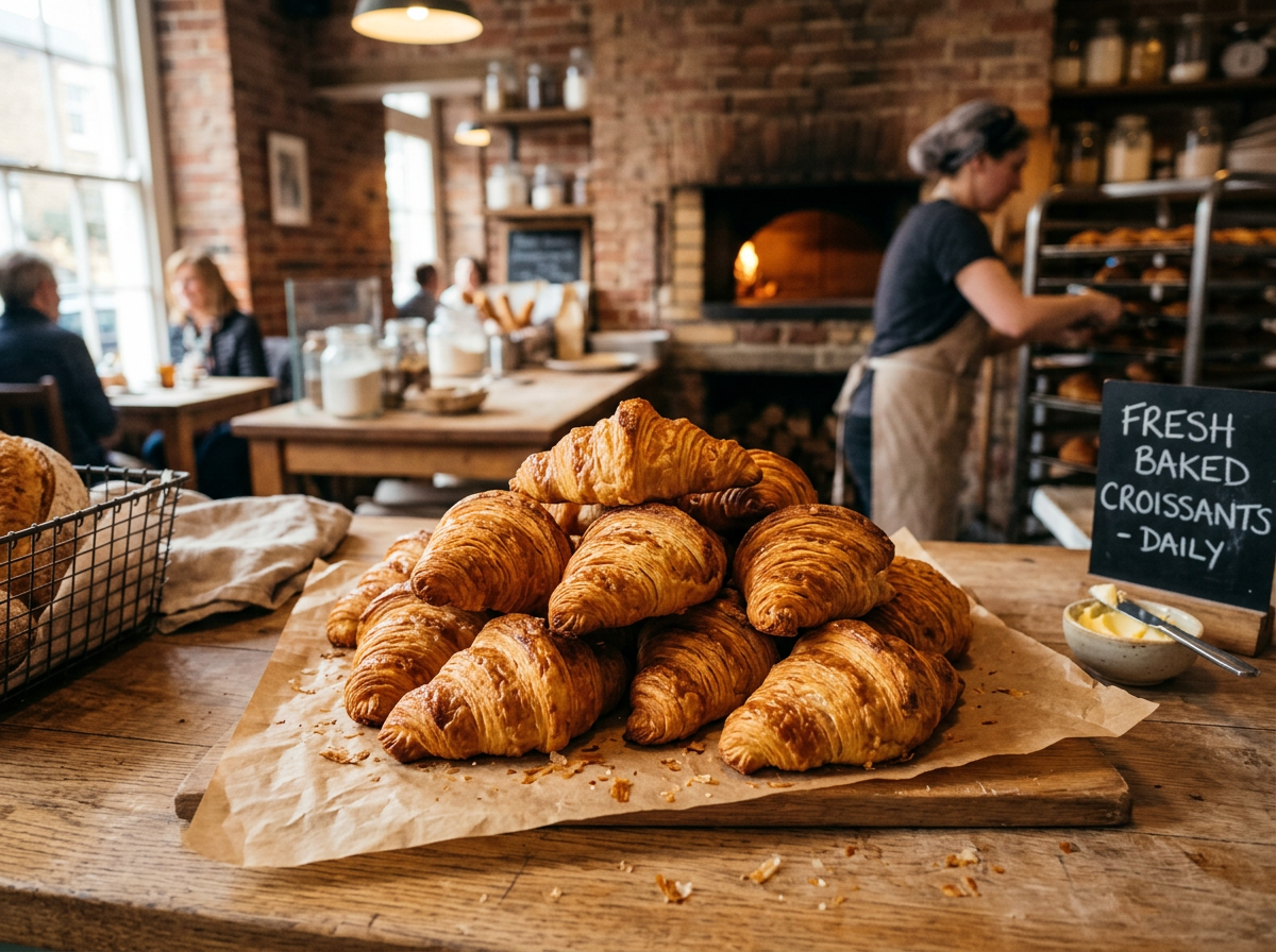Pile of golden buttery croissants fresh from the oven